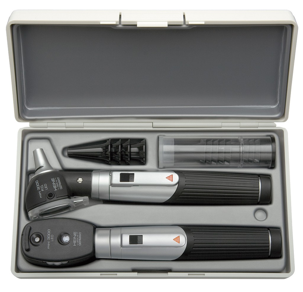 HEINE mini 3000 LED Oto/oftalmoskooppisetti 2 x paristokädensija 2,5V