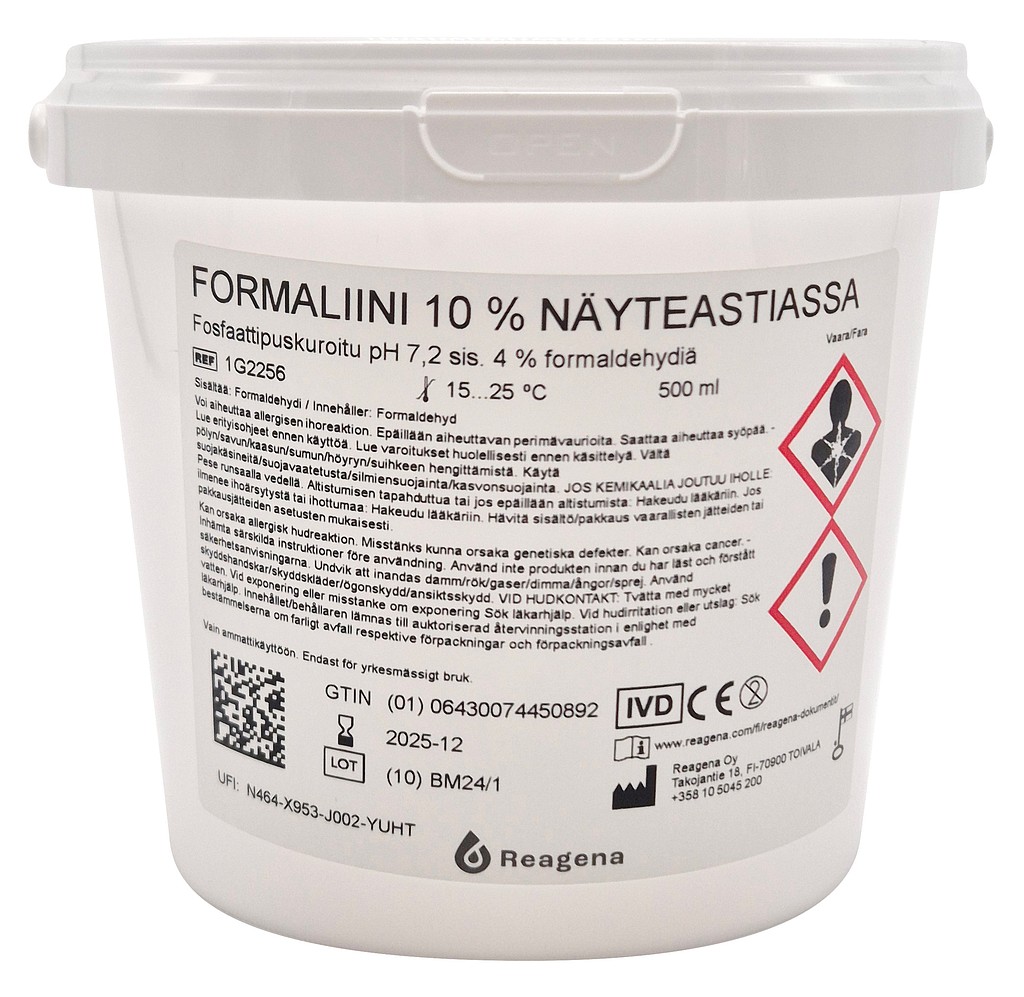 Formaliini 10 % pusk. 500 ml x 12 kpl, painokannellinen purkki 1000 ml