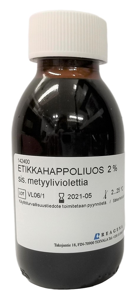 Etikkahappoliuos 2 %, sis. Metyyliviolettia 100 ml