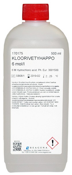 Kloorivetyhappoliuos 6,0 mol/l 500 ml
